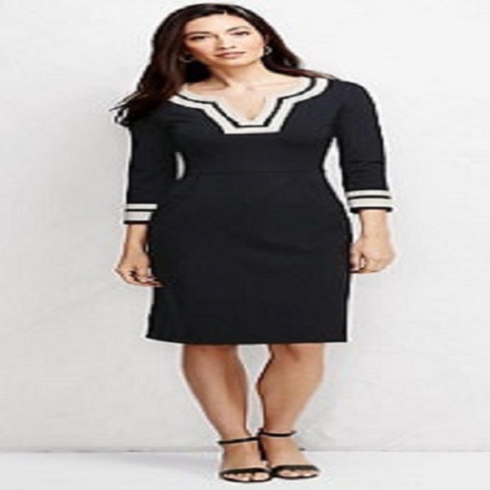 Lands' End Womens Black White Split Neck Career Wear to Work Sheath Dress Size 8